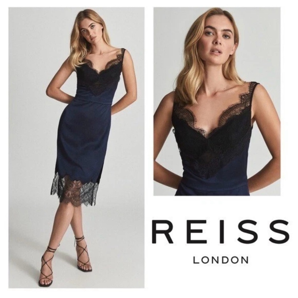 Reiss Tori Navy Dress with Black Lace